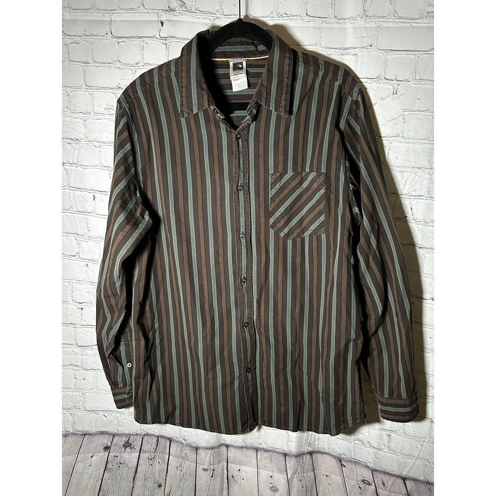 The North Face A5 Series Mens Large Brown Teal Striped Cotton Button Down Shirt